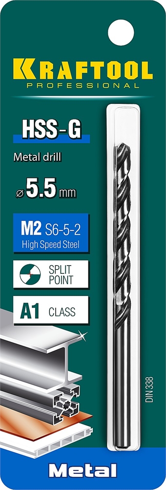 KRAFTOOL  HSS-G, 5.5 х 93 мм, сталь P6M5, сверло по металлу (29651-5.5) 29651-5.5