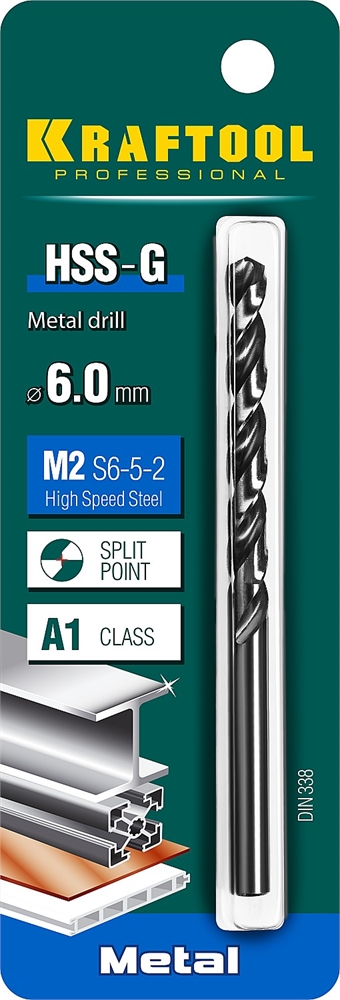 KRAFTOOL  HSS-G, 6.0 х 93 мм, сталь P6M5, сверло по металлу (29651-6) 29651-6