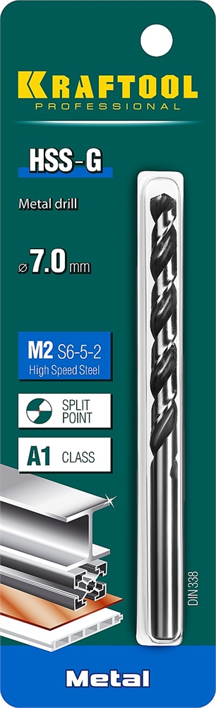 KRAFTOOL  HSS-G, 7.0 х 109 мм, сталь P6M5, сверло по металлу (29651-7) 29651-7