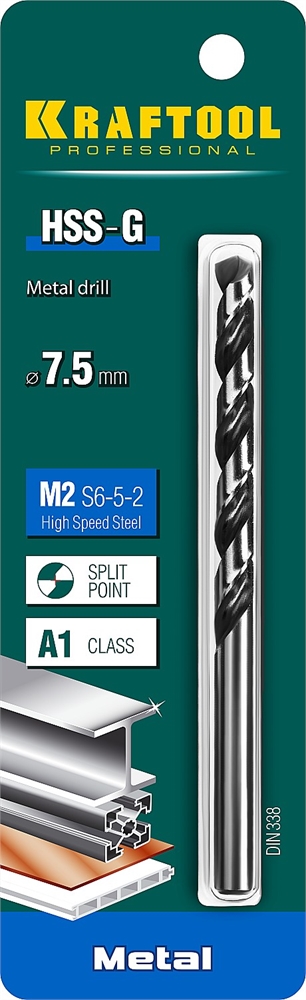KRAFTOOL  HSS-G, 7.5 х 109 мм, сталь P6M5, сверло по металлу (29651-7.5) 29651-7.5