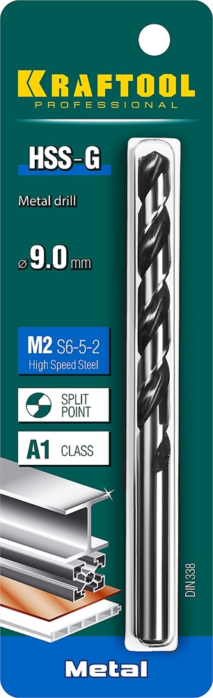 KRAFTOOL  HSS-G, 9.0 х 125 мм, сталь P6M5, сверло по металлу (29651-9) 29651-9