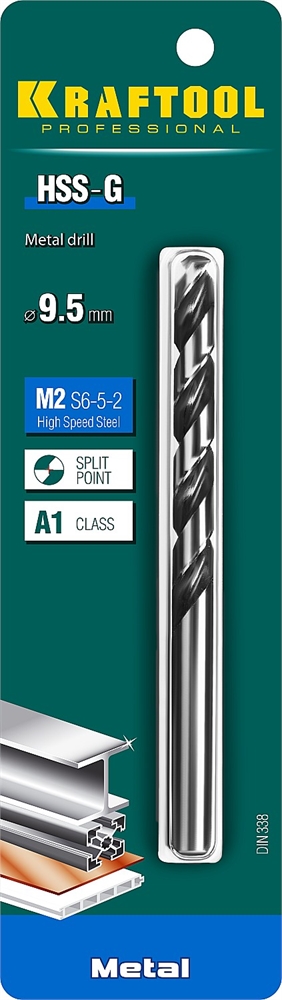 KRAFTOOL  HSS-G, 9.5 х 125 мм, сталь P6M5, сверло по металлу (29651-9.5) 29651-9.5