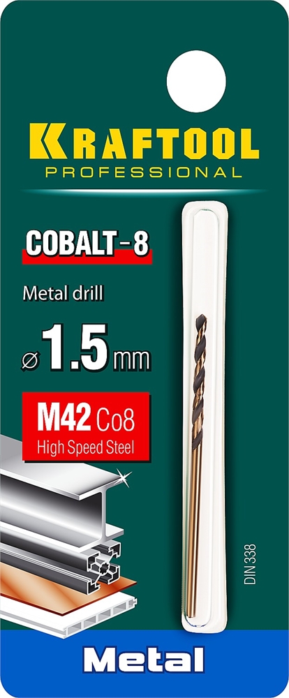 KRAFTOOL  Cobalt, 1.5 х 43 мм, сталь М42, HSS-Co(8%), сверло по металлу (29656-1.5) 29656-1.5