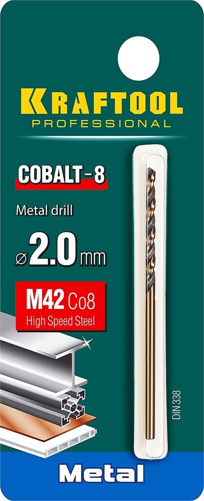 KRAFTOOL  Cobalt, 2.0 х 49 мм, сталь М42, HSS-Co(8%), сверло по металлу (29656-2) 29656-2