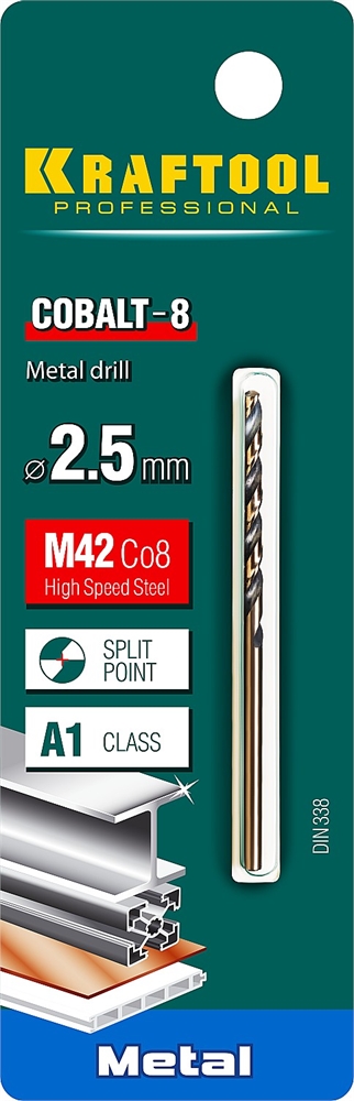 KRAFTOOL  Cobalt, 2.5 х 57 мм, сталь М42, HSS-Co(8%), сверло по металлу (29656-2.5) 29656-2.5