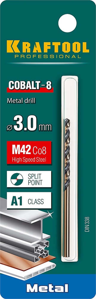 KRAFTOOL  Cobalt, 3.0 х 61 мм, сталь М42, HSS-Co(8%), сверло по металлу (29656-3) 29656-3