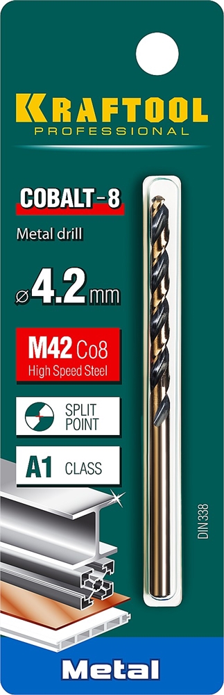 KRAFTOOL  Cobalt, 4.2 х 75 мм, сталь М42, HSS-Co(8%), сверло по металлу (29656-4.2) 29656-4.2