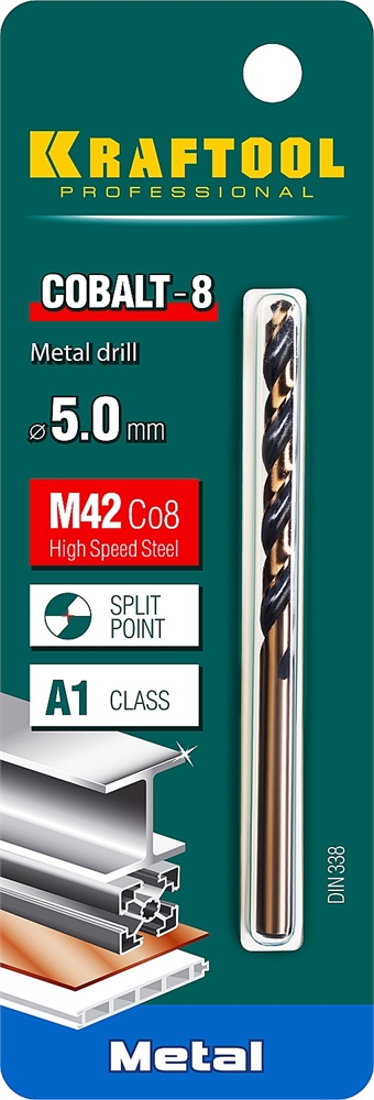 KRAFTOOL  Cobalt, 5.0 х 86 мм, сталь М42, HSS-Co(8%), сверло по металлу (29656-5) 29656-5