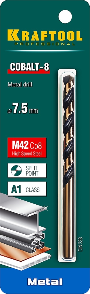 KRAFTOOL  Cobalt, 7.5 х 109 мм, сталь М42, HSS-Co(8%), сверло по металлу (29656-7.5) 29656-7.5