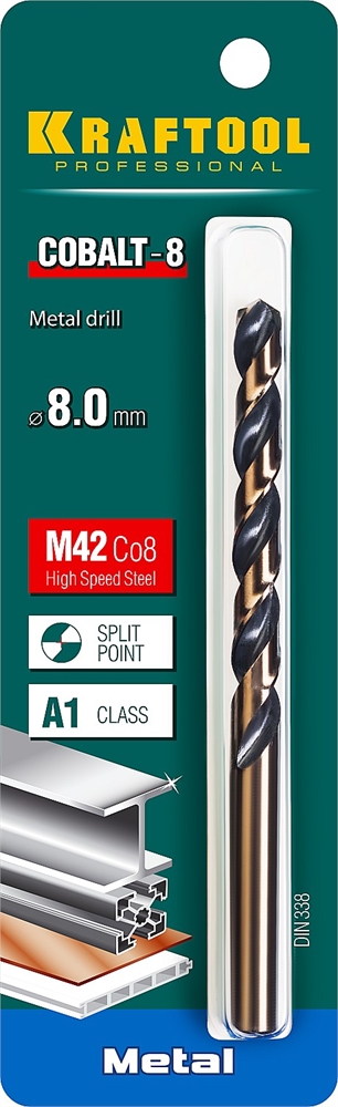 KRAFTOOL  Cobalt, 8.0 х 117 мм, сталь М42, HSS-Co(8%), сверло по металлу (29656-8) 29656-8