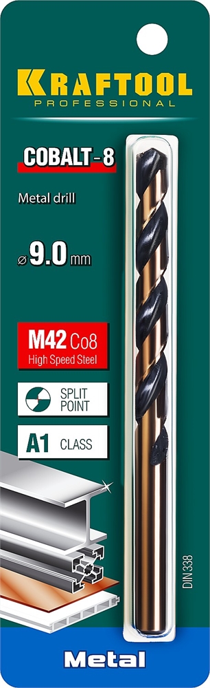 KRAFTOOL  Cobalt, 9.0 х 125 мм, сталь М42, HSS-Co(8%), сверло по металлу (29656-9) 29656-9