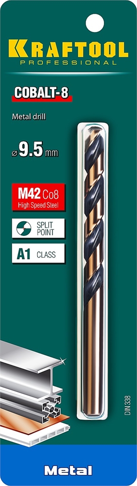KRAFTOOL  Cobalt, 9.5 х 125 мм, сталь М42, HSS-Co(8%), сверло по металлу (29656-9.5) 29656-9.5