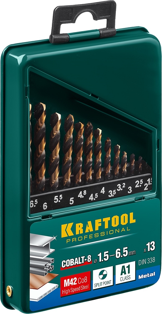KRAFTOOL  Cobalt, 13 шт, (1.5-6.5 мм), сталь М42, HSS-Co(8%), набор сверл по металлу (29656-H13) 29656-H13