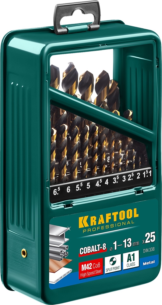 KRAFTOOL  Cobalt, 25 шт, (1-13 мм), сталь М42, HSS-Co(8%), набор сверл по металлу (29656-H25) 29656-H25