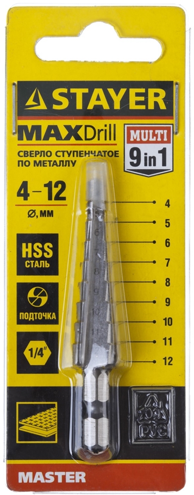 STAYER  4-12 мм, 9 ступеней, сталь HSS, ступенчатое сверло (29660-4-12-9) 29660-4-12-9