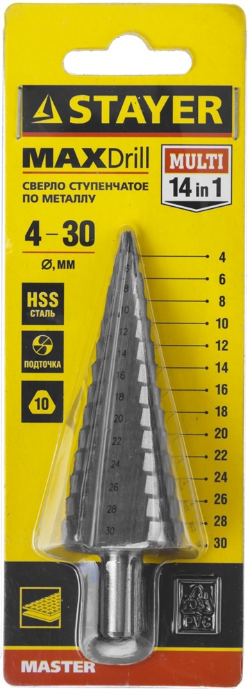 STAYER  4-30 мм, 14 ступеней, сталь HSS, ступенчатое сверло (29660-4-30-14) 29660-4-30-14