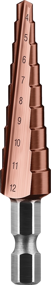 ЗУБР  Кобальт, 4-12 мм, 9 ступеней, сталь Р6М5, кобальтовое покрытие, ступенчатое сверло, Профессионал (29672-4-12-9) 29672-4-12-9_z01