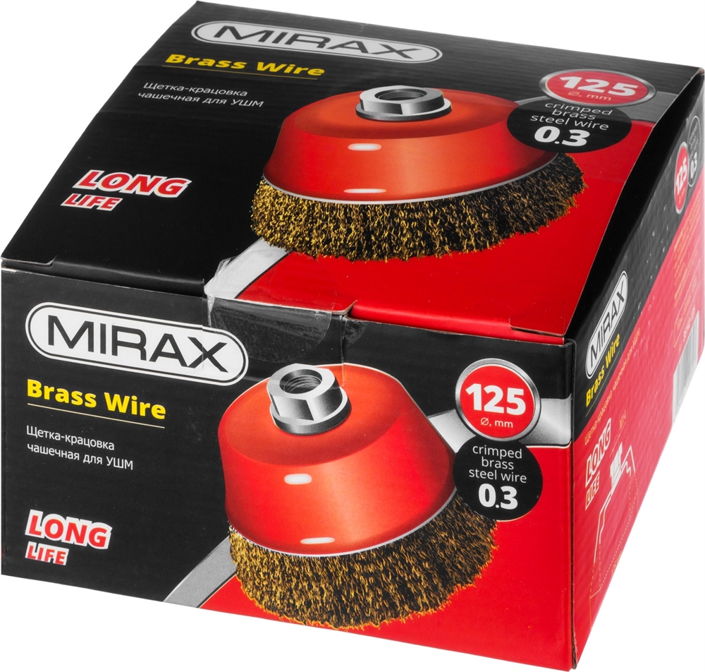 MIRAX  125 мм, витая стальная латунированная проволока 0.3 мм, чашечная щетка-крацовка для УШМ (35142-125) 35142-125