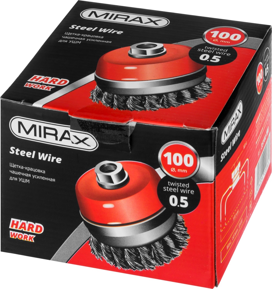 MIRAX  100 мм, жгутированная стальная проволока 0.5 мм, чашечная щетка-крацовка для УШМ (35144-100) 35144-100