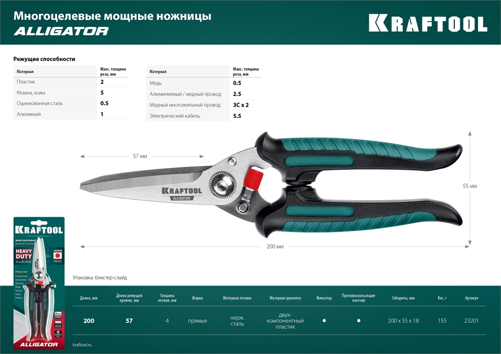KRAFTOOL  Alligator, 200 мм, многофункциональные прямые технические ножницы (23201) 23201