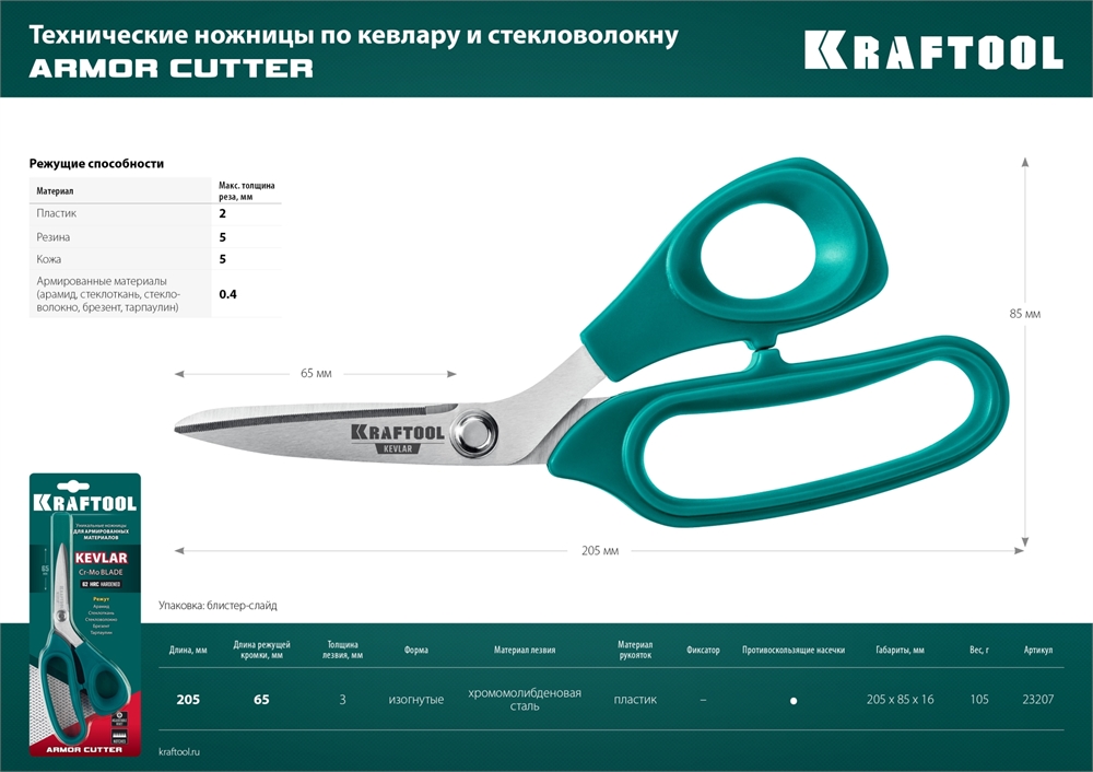 KRAFTOOL  Armor cutter, 205 мм, технические ножницы по кевлару и стекловолокну (23207) 23207