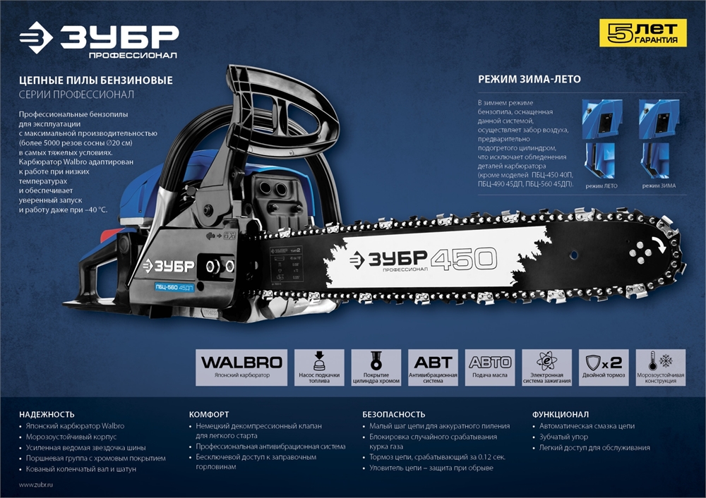 ЗУБР  56 см3, 45 см, бензопила, Профессионал (ПБЦ-560 45ДП) ПБЦ-560 45ДП