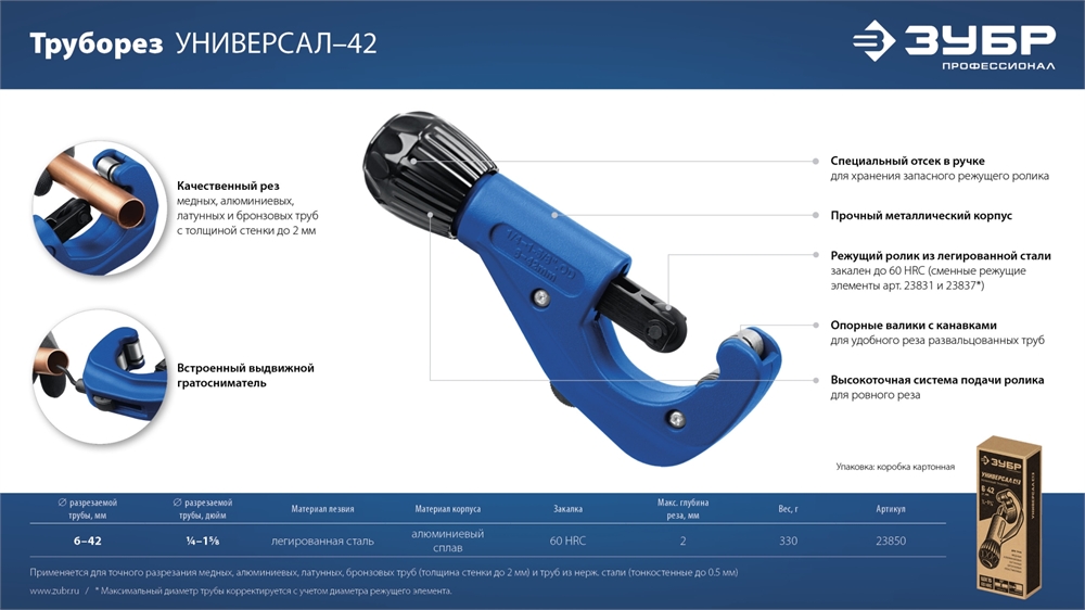 ЗУБР Универсал-42, 6 - 42 мм, труборез для меди и алюминия, Профессионал (23850) 23850