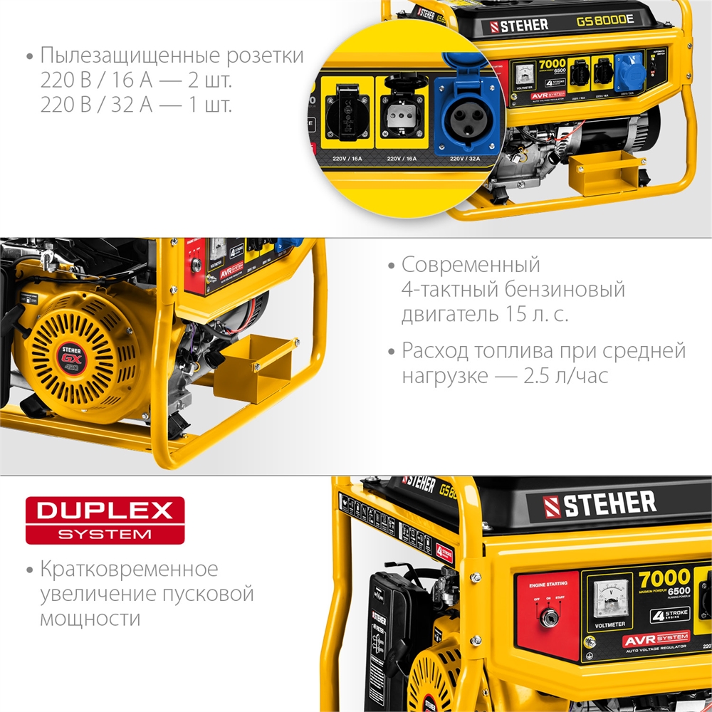 STEHER  7000 Вт, бензиновый генератор с электростартером (GS-8000E) GS-8000Е