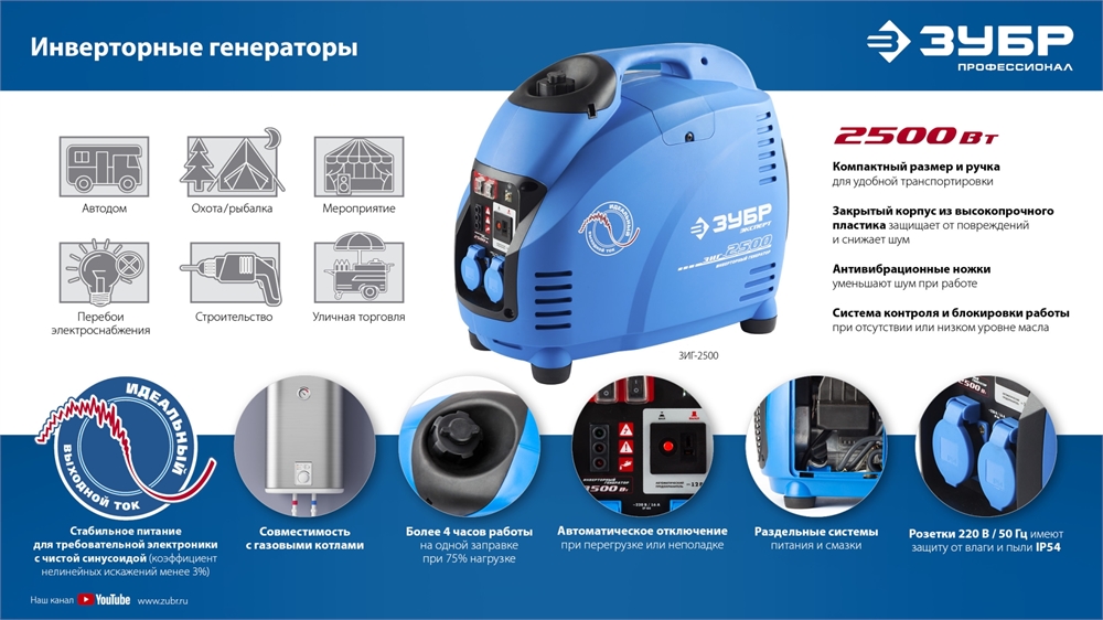 ЗУБР  2500 Вт, инверторный генератор, Профессионал (ЗИГ-2500) ЗИГ-2500