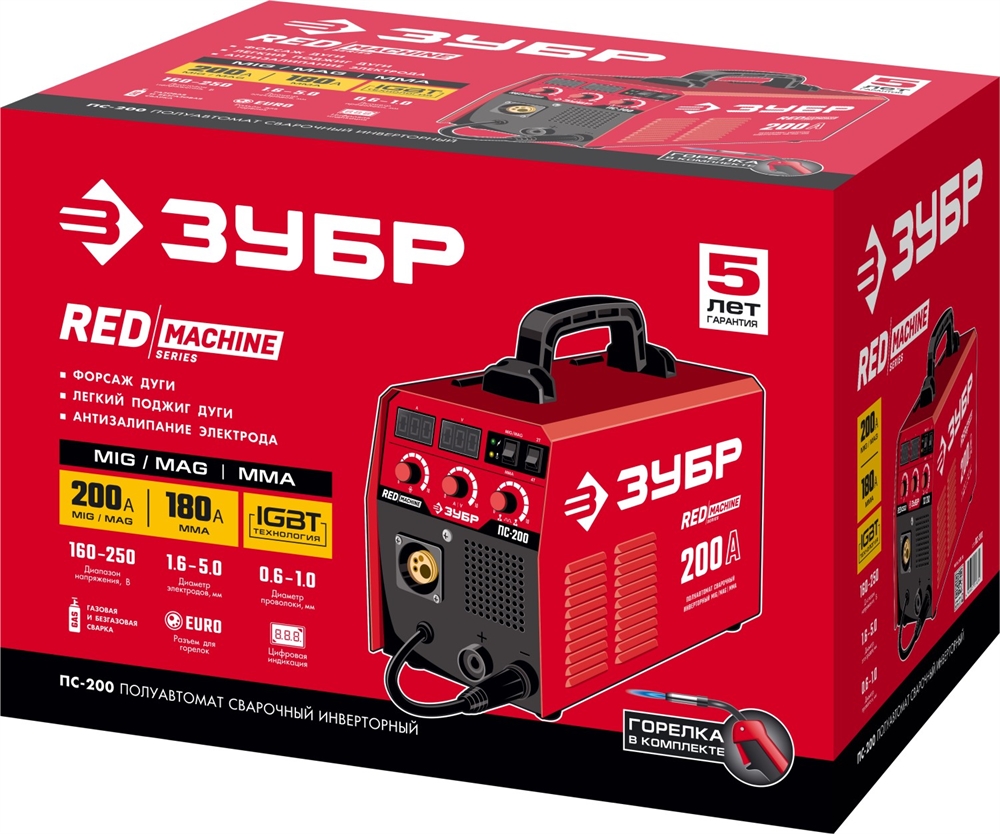 ЗУБР  MIG-MAG / ММА, 200 А, RED MACHINE, сварочный полуавтомат инверторный (ПС-200) ПС-200