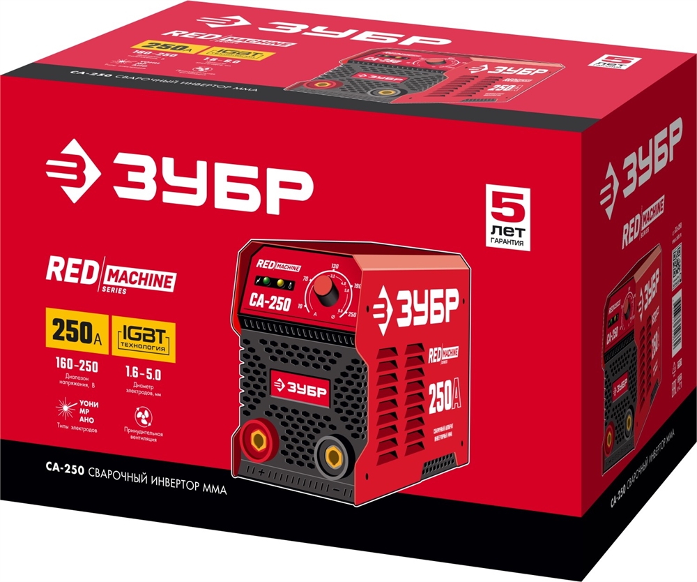 ЗУБР  ММА, 250 А, RED MACHINE, сварочный аппарат инверторный, макс. электрод Ø 6.0 мм (СА-250) СА-250