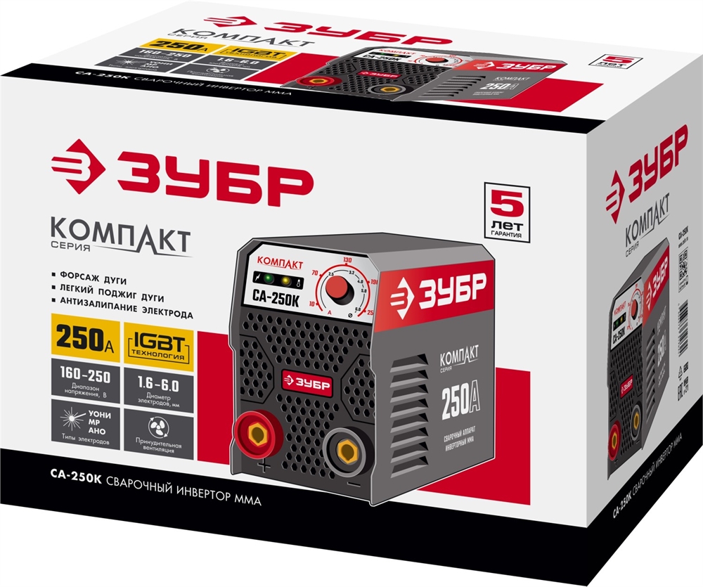 ЗУБР  ММА, 250 А, КОМПАКТ, сварочный аппарат инверторный, макс. электрод Ø 6.0 мм (СА-250К) СА-250К