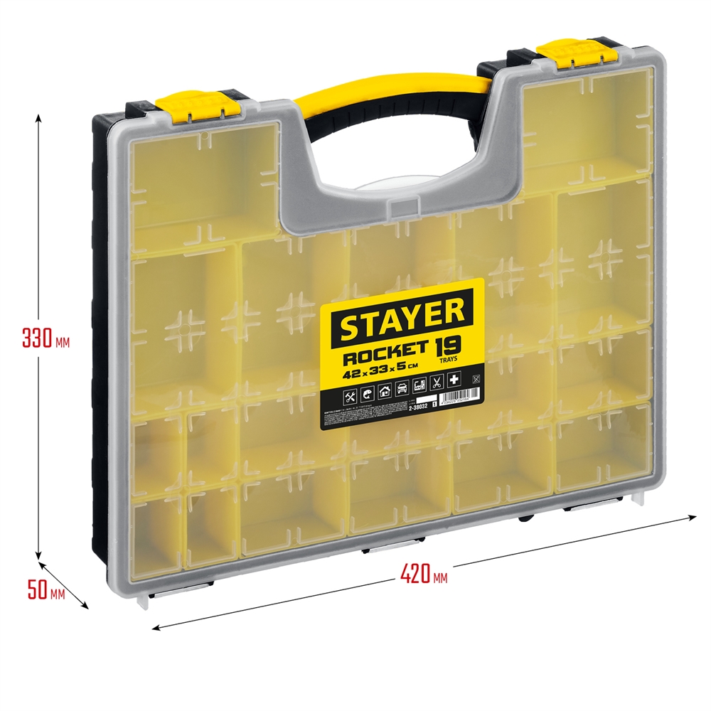 STAYER  ROCKET-19, 420 x 330 x 50 мм, (16.5″), пластиковый органайзер с 19 съемными лотками (2-38032) 2-38032_z01