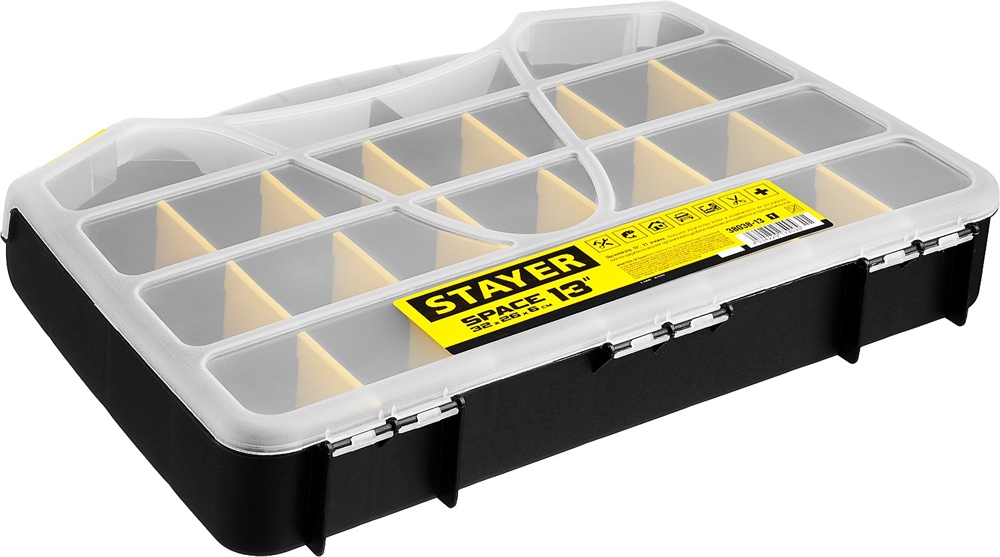 STAYER  SPACE-13, 320 х 260 х 60 мм, (13″), пластиковый органайзер с 21 ячейкой (38038-13) 38038-13_z01