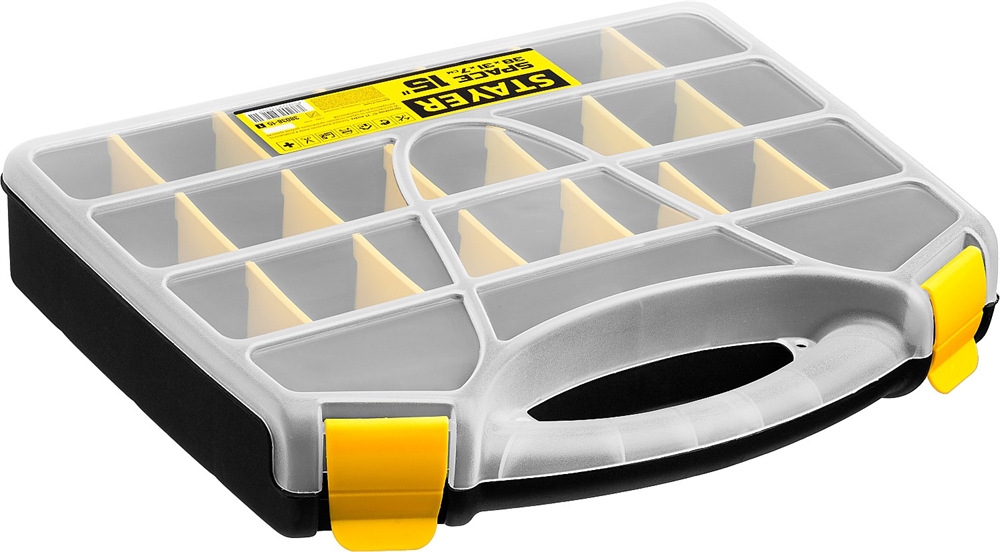 STAYER  SPACE-15, 380 х 310 х 70 мм, (15″), пластиковый органайзер с 21 ячейкой (38038-15) 38038-15_z01