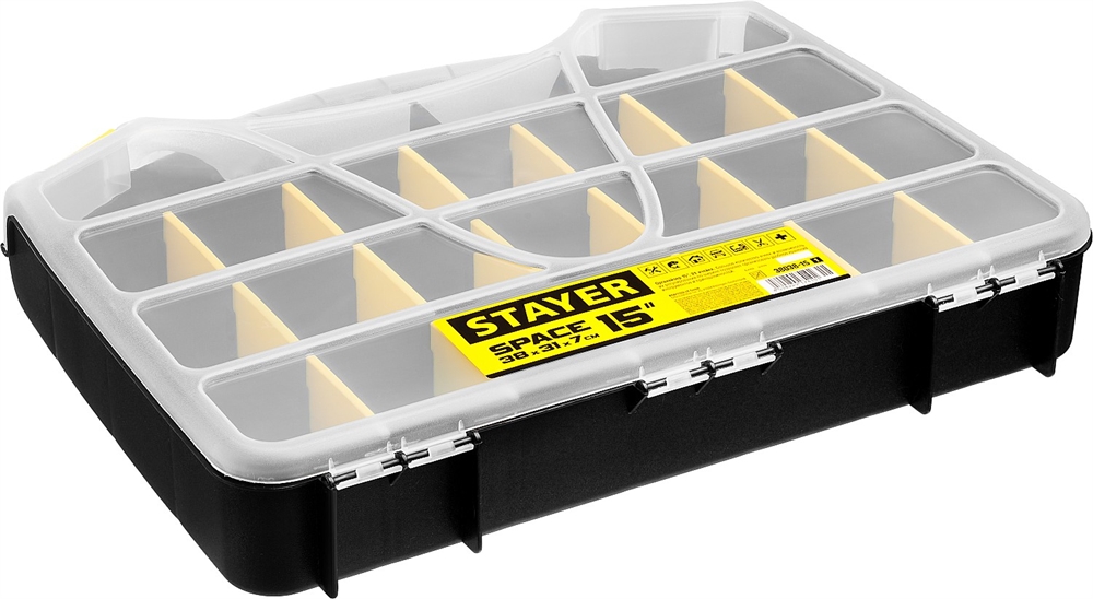 STAYER  SPACE-15, 380 х 310 х 70 мм, (15″), пластиковый органайзер с 21 ячейкой (38038-15) 38038-15_z01