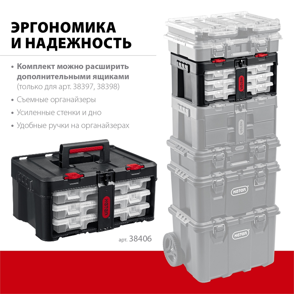 KETER  STACKNROLL, 481 х 332 х 233 мм, (19″), пластиковый ящик с 3 органайзерами и 18 ячейками (38406) 38406