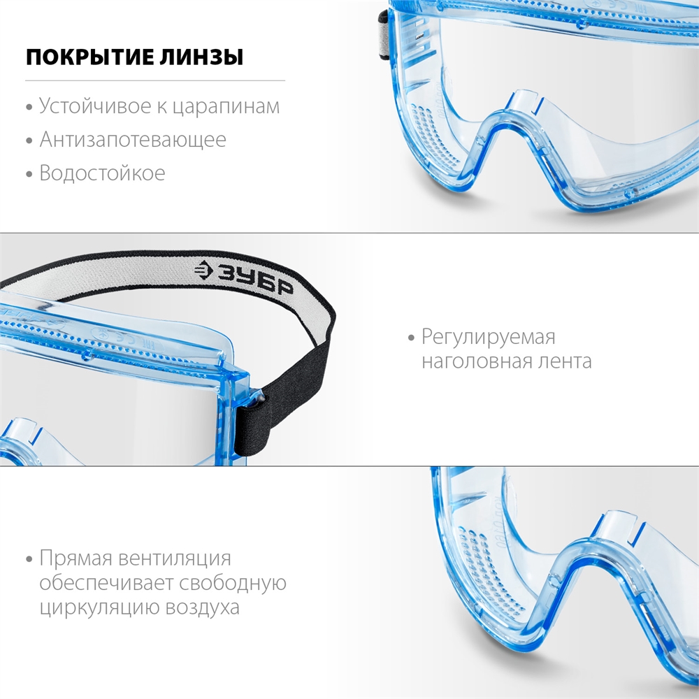 ЗУБР  ПАНОРАМА П, закрытого типа, стекло из ударопрочного поликарбоната, защитные очки с прямой вентиляцией, Профессионал (110231) 110231