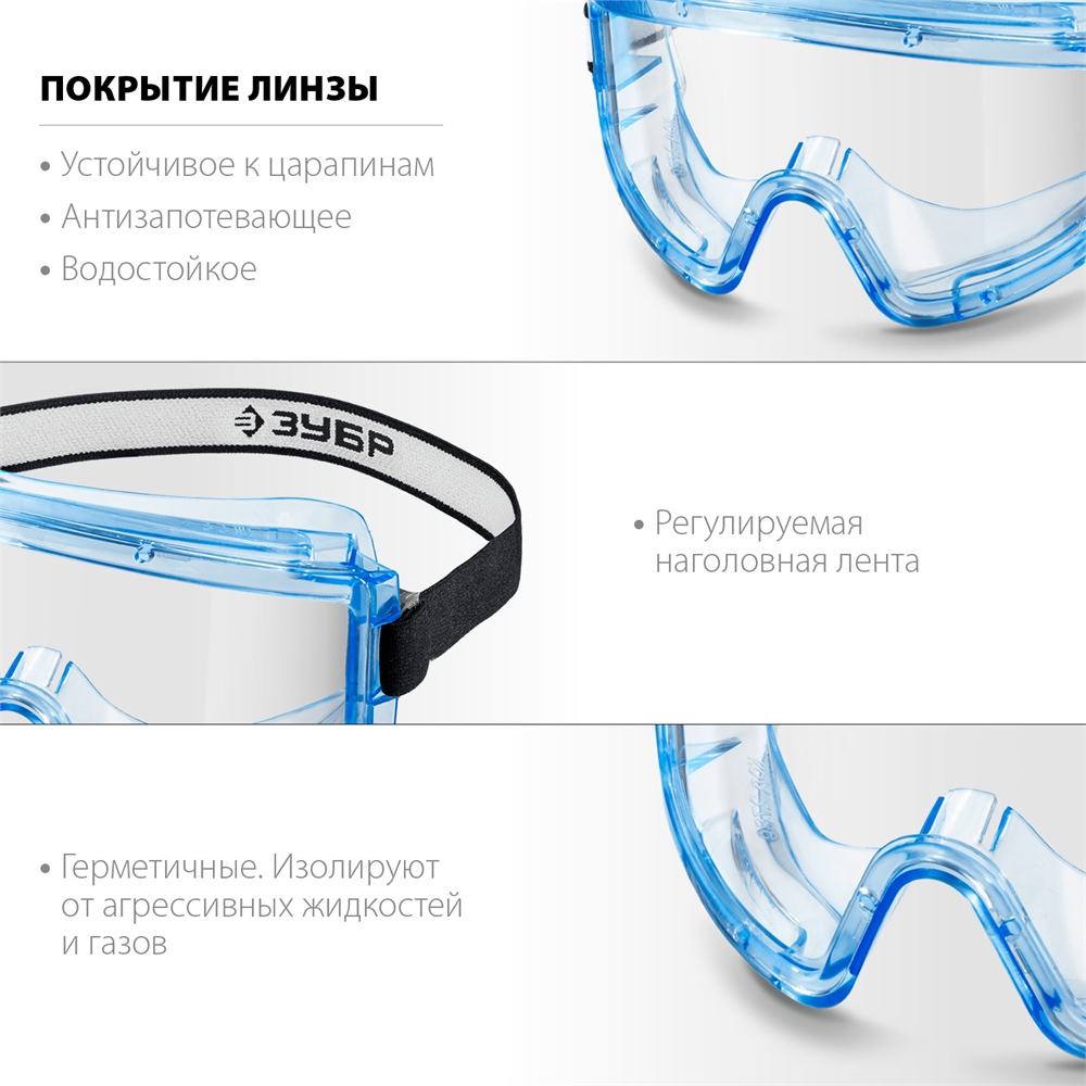 ЗУБР  ПАНОРАМА Г, закрытого типа, стекло из ударопрочного поликарбоната, защитные очки с герметичной вентиляцией, Профессионал (110232) 110232