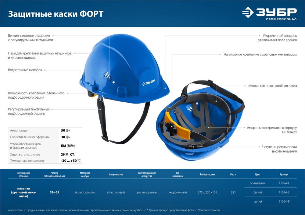 ЗУБР  ФОРТ, оранжевая, храповый механизм регулировки, универсальное крепление для наушников и щитков, защитная каска, Профессионал (11094-1) 11094-1_z01