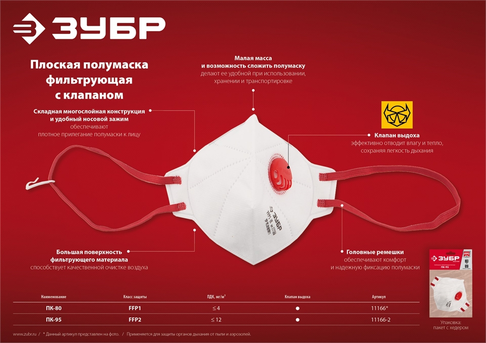 ЗУБР  класс защиты FFP2, плоская, фильтрующая полумаска с клапаном выдоха (11166-2) 11166-2_z01