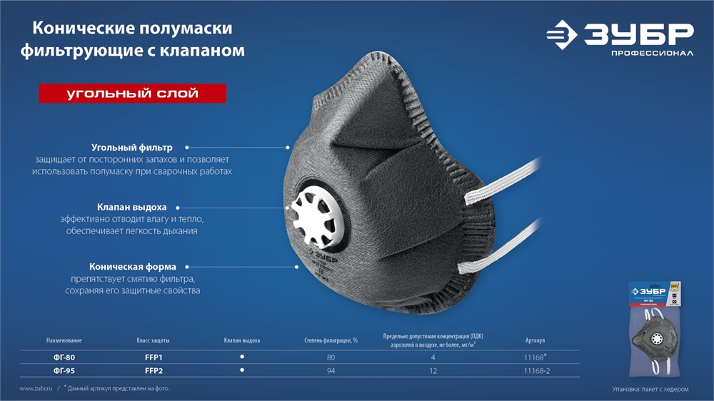 ЗУБР  ФГ-80 коническая, с угольным слоем, класс защиты FFP1, с клапаном выдоха, фильтрующая полумаска (11168) 11168