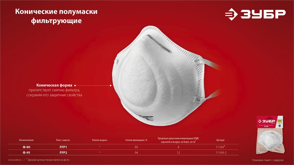 ЗУБР  Ф-95, класс защиты FFP2, коническая, фильтрующая полумаска (11169-2) 11169-2