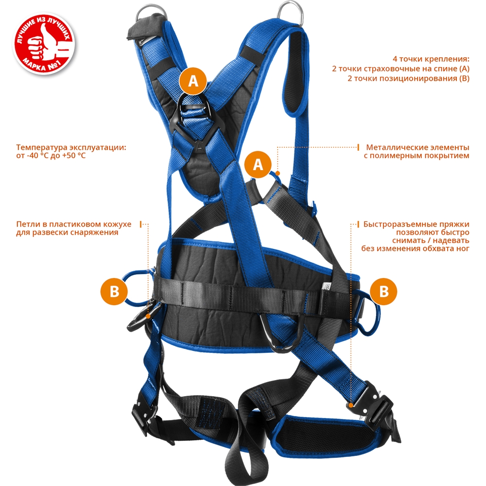 ЗУБР  МОНБЛАН, 4 точки крепления, страховочная и удерживающая привязь, Профессионал (11593) 11593