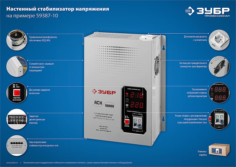 ЗУБР  10000ВА, 10 кВт, автоматический стабилизатор напряжения, Профессионал (59387-10) 59387-10