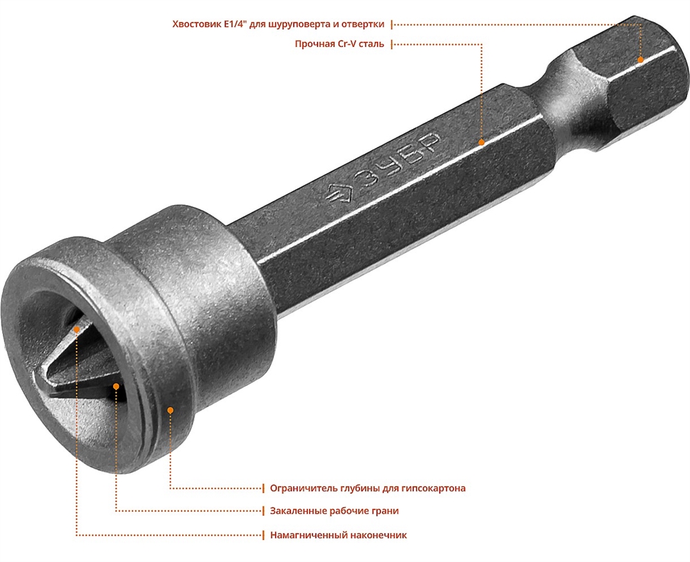 ЗУБР  10 шт, PH2, 50 мм, биты с ограничителем (26002-2-50-10) 26002-2-50-10