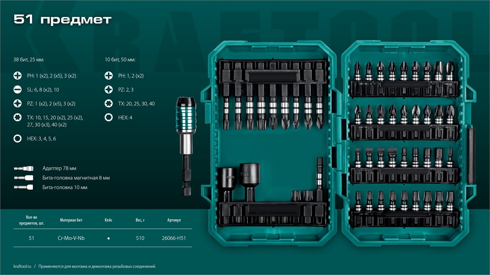 KRAFTOOL  Impact-51, 51 шт, набор ударных бит (26066-H51) 26066-H51