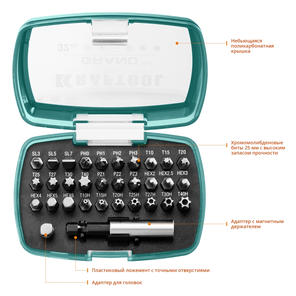 KRAFTOOL  Grand-32, с магнитным адаптером 32 шт, набор бит (26083-H32) 26083-H32
