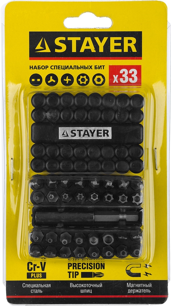 STAYER  33 шт, набор специальных бит с магнитным адаптером (26084-H33) 26084-H33