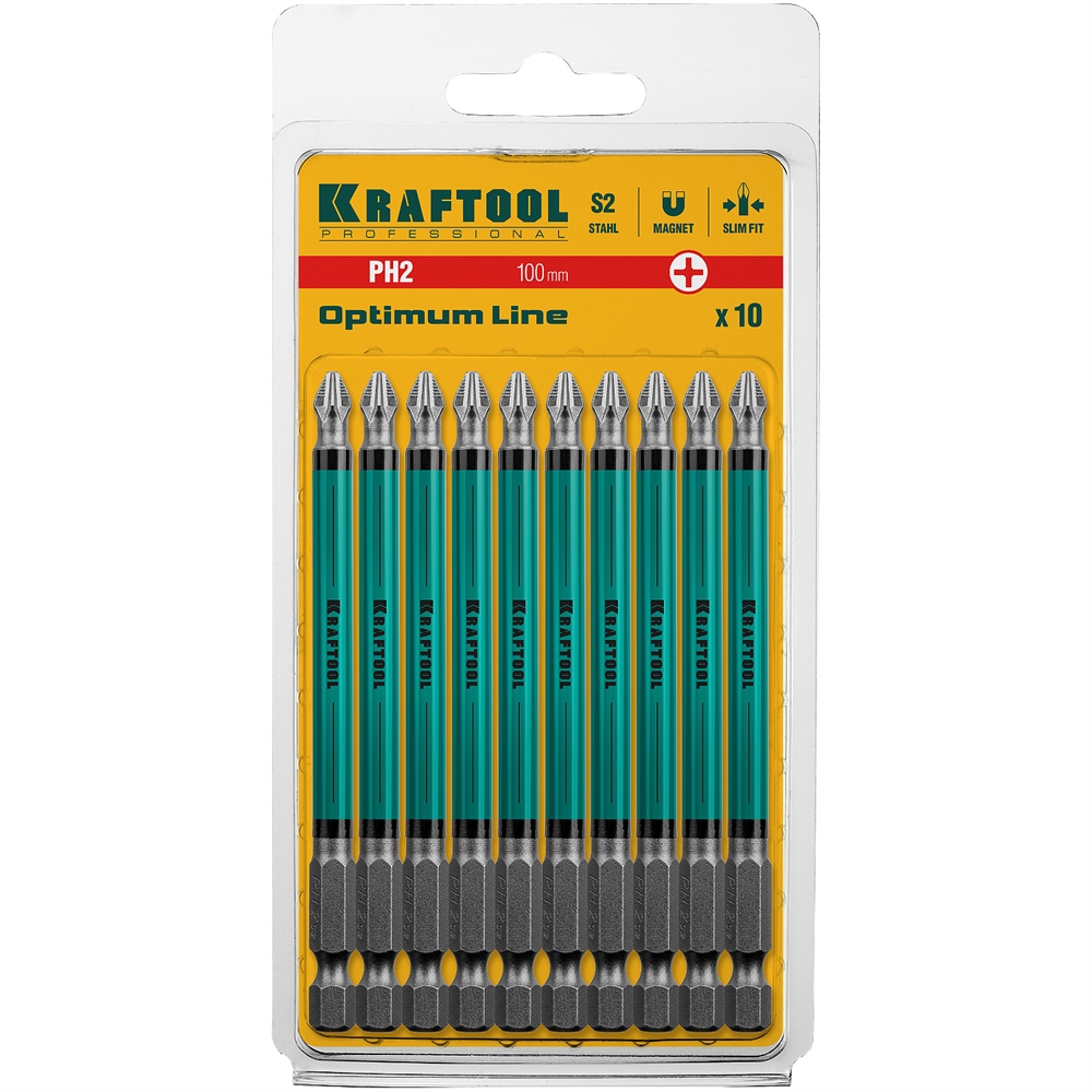 KRAFTOOL  Optimum, PH2, 100 мм, 10 шт, биты (26122-2-100-10) 26122-2-100-10